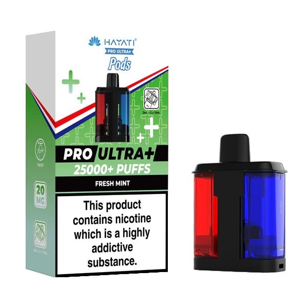 Hayati Pro Ultra Plus 25K Refill Pods fresh mint with packaging on a white background - uk vape sales