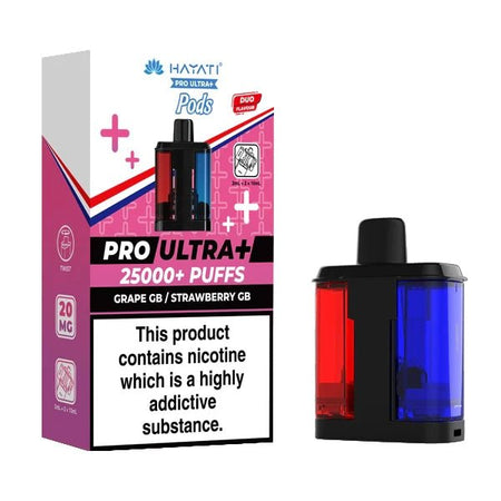 Hayati Pro Ultra Plus 25K Refill Pods grape gb strawberry gb with packaging on a white background - uk vape sales