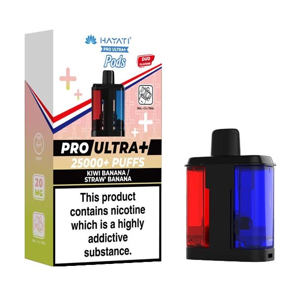 Hayati Pro Ultra Plus 25K Refill Pods kiwi banana straw banana with packaging on a white background - uk vape sales