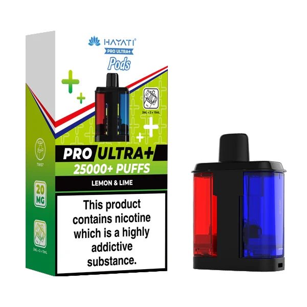 Hayati Pro Ultra Plus 25K Refill Pods lemon & lime with packaging on a white background - uk vape sales