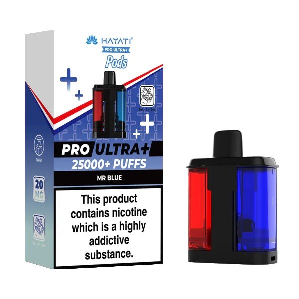 Hayati Pro Ultra Plus 25K Refill Pods Mr Blue with packaging on a white background - uk vape sales