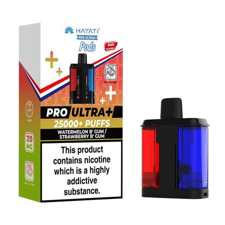 Hayati Pro Ultra Plus 25K Refill Pods watermelon b'gum strawberry b'gum with packaging on a white background - uk vape sales
