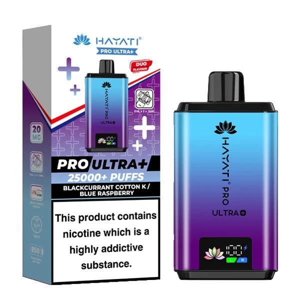 Hayati Pro Ultra Plus 25K Vape Kit blackcurrant cotton k blue raspberry device and packaging on a white background - uk vape sales