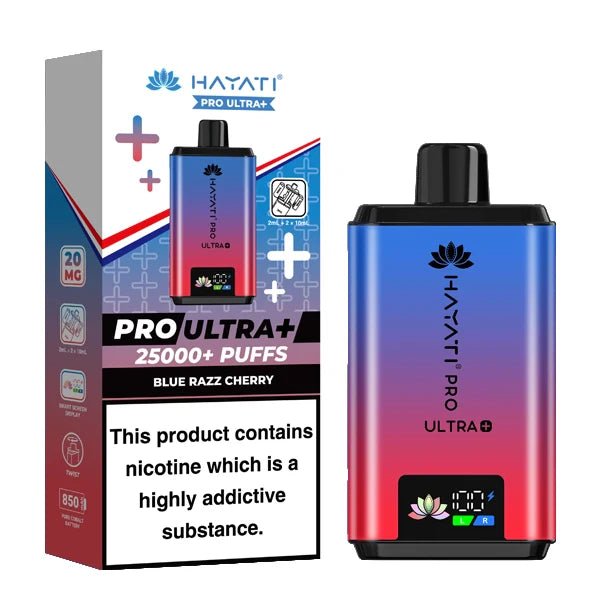 Hayati Pro Ultra Plus 25K Vape Kit blue razz cherry device and packaging on a white background - uk vape sales