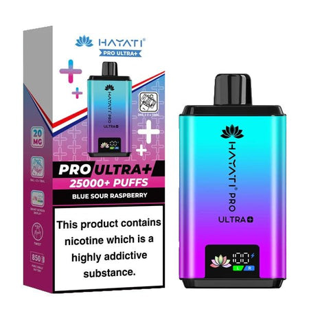 Hayati Pro Ultra Plus 25K Vape Kit blue sour raspberry device and packaging on a white background - uk vape sales
