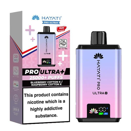 Hayati Pro Ultra Plus 25K Vape Kit blueberry cotton k raspberry cotton k device and packaging on a white background - uk vape sales