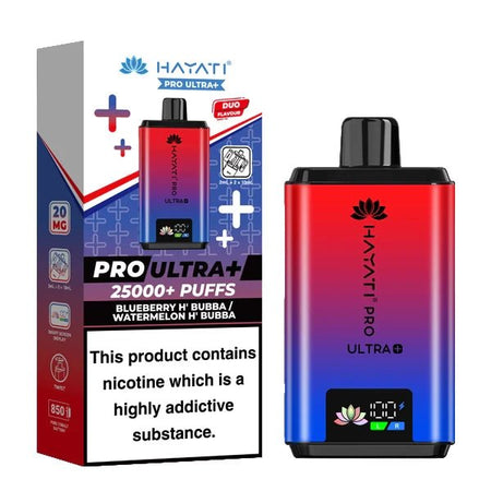 Hayati Pro Ultra Plus 25K Vape Kit blueberry h bubba watermelon h bubba device and packaging on a white background - uk vape sales