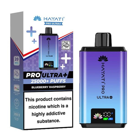 Hayati Pro Ultra Plus 25K Vape Kit blueberry raspberry device and packaging on a white background - uk vape sales
