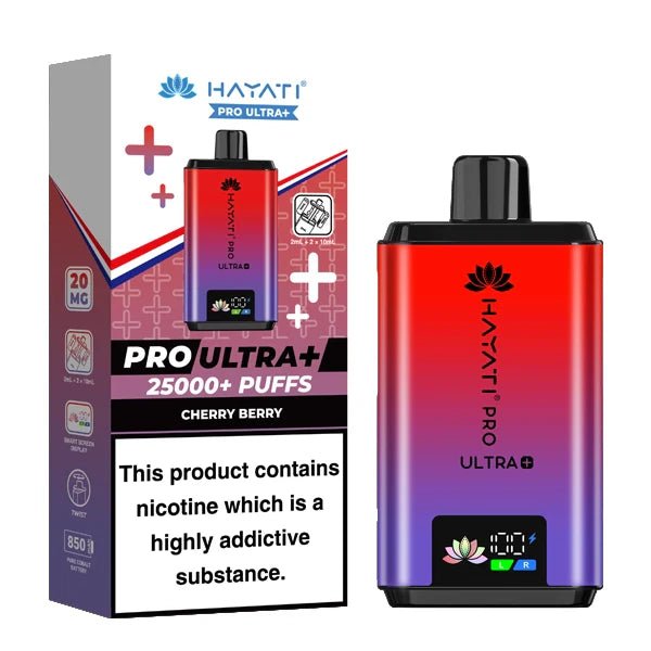 Hayati Pro Ultra Plus 25K Vape Kit cherry berry device and packaging on a white background - uk vape sales