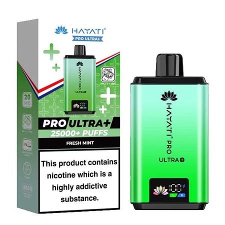 Hayati Pro Ultra Plus 25K Vape Kit fresh mint device and packaging on a white background - uk vape sales