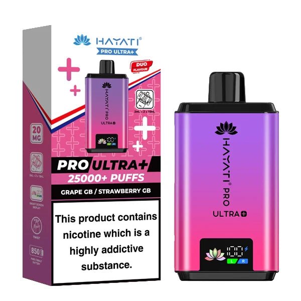Hayati Pro Ultra Plus 25K Vape Kit grape gb strawberry gb device and packaging on a white background - uk vape sales