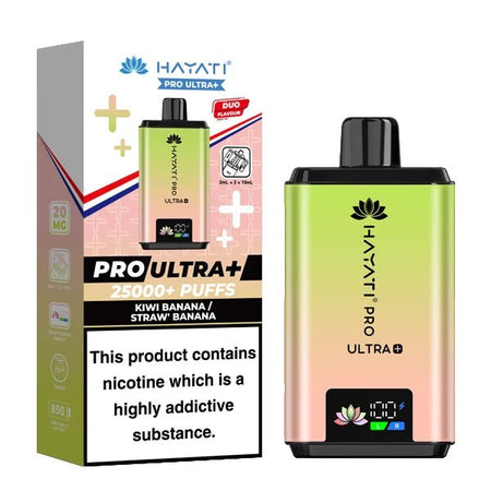 Hayati Pro Ultra Plus 25K Vape Kit kiwi banana straw banana device and packaging on a white background - uk vape sales