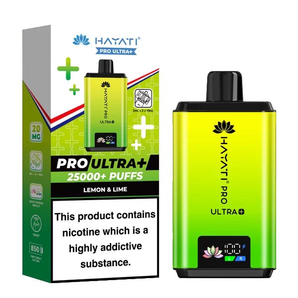 Hayati Pro Ultra Plus 25K Vape Kit lemon & lime device and packaging on a white background - uk vape sales