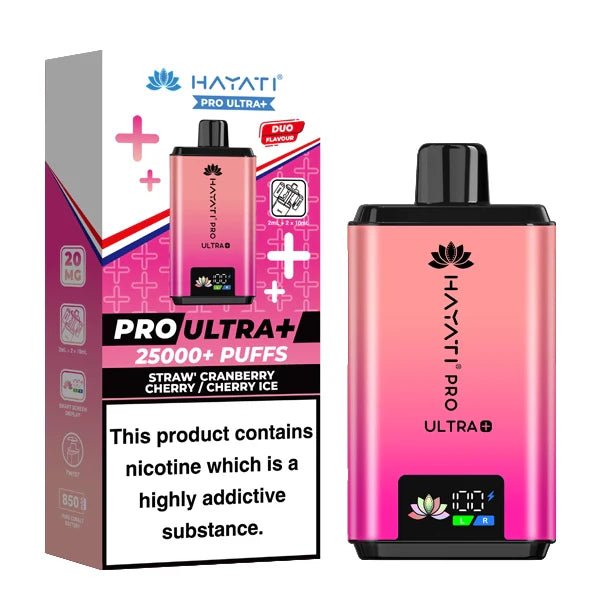 Hayati Pro Ultra Plus 25K Vape Kit straw cranberry cherry cherry ice device and packaging on a white background - uk vape sales