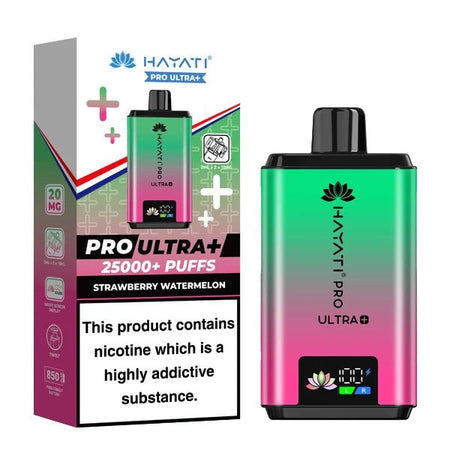 Hayati Pro Ultra Plus 25K Vape Kit strawberry watermelon device and packaging on a white background - uk vape sales