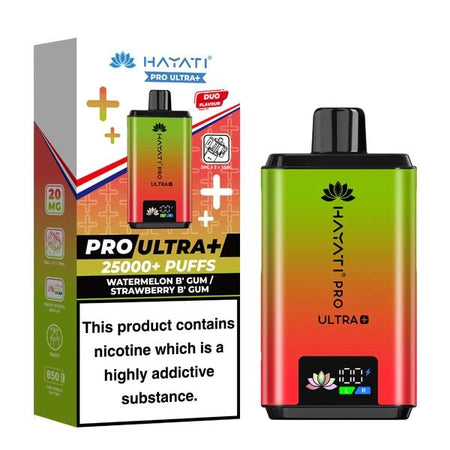 Hayati Pro Ultra Plus 25K Vape Kit watermelon b gum strawberry b gum device and packaging on a white background - uk vape sales