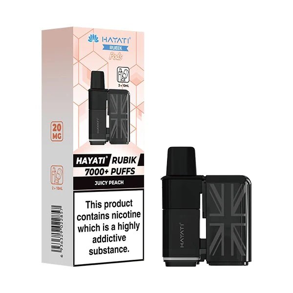 Hayati Rubik 7000 Refill Pods juicy peach with packaging on a white background - uk vape sales
