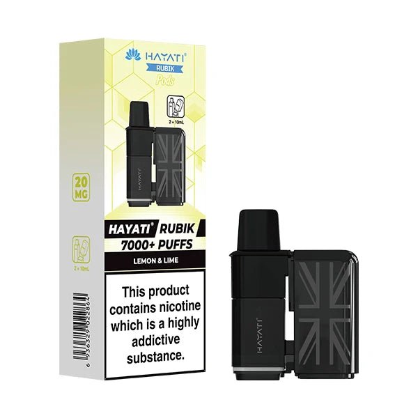 Hayati Rubik 7000 Refill Pods lemon & lime with packaging on a white background - uk vape sales