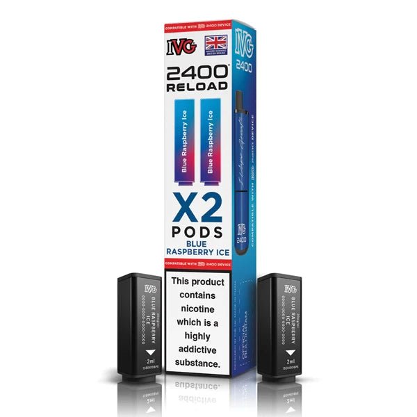 IVG 2400 2-in-1 Reload Pods blue raspberry ice with packaging on a white background - uk vape sales