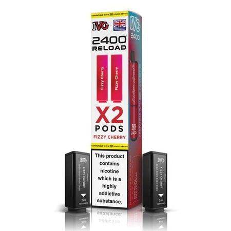 IVG 2400 2-in-1 Reload Pods fizzy cherry with packaging on a white background - uk vape sales