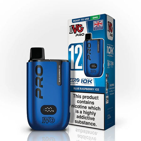 IVG Pro 12 vape kit blue raspberry ice 0mg device and packaging on a white background - uk vape sales