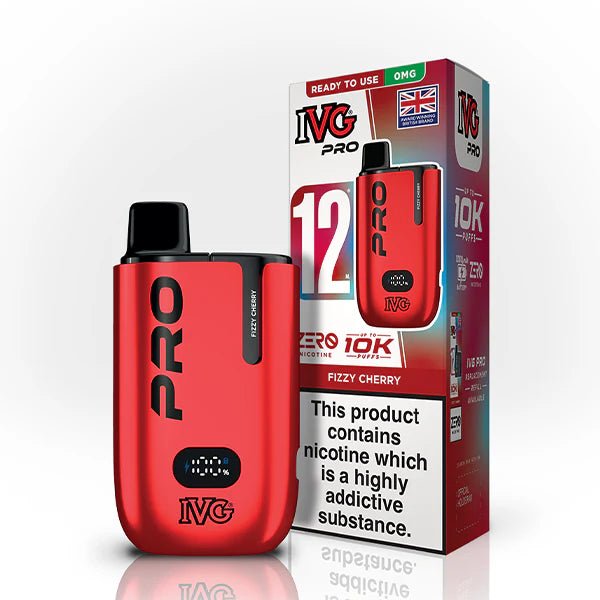 IVG Pro 12 vape kit fizzy cherry 10mg device and packaging on a white background - uk vape sales