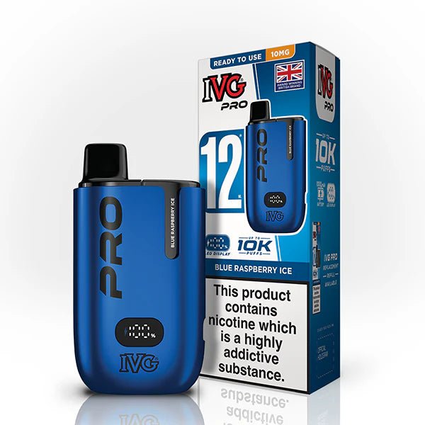 IVG Pro 12 vape kit blue raspberry ice 10mg device and packaging on a white background - uk vape sales