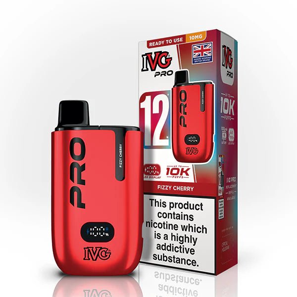 IVG Pro 12 vape kit fizzy cherry 10mg device and packaging on a white background - uk vape sales