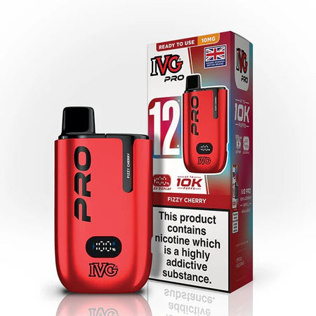 IVG Pro 12 vape kit fizzy cherry 10mg device and packaging on a white background - uk vape sales
