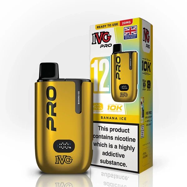IVG Pro 12 vape kit banana ice device and packaging on a white background - uk vape sales