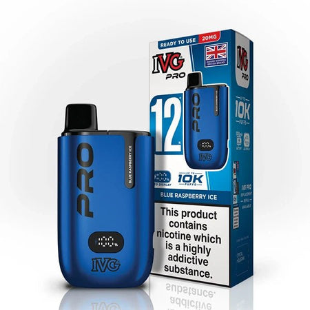 IVG Pro 12 vape kit blue raspberry ice device and packaging on a white background - uk vape sales