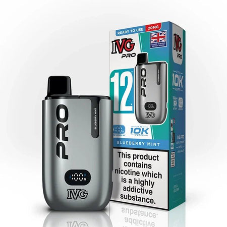 IVG Pro 12 vape kit blueberry mint device and packaging on a white background - uk vape sales