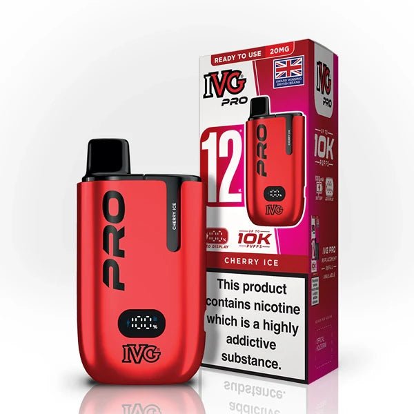 IVG Pro 12 vape kit cherry ice device and packaging on a white background - uk vape sales