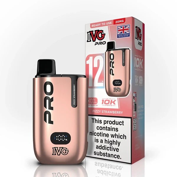 IVG Pro 12 vape kit fizzy strawberry device and packaging on a white background - uk vape sales