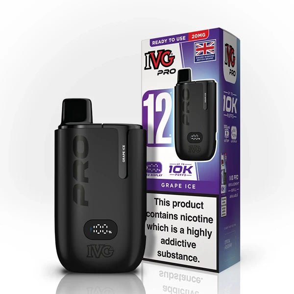 IVG Pro 12 vape kit grape ice device and packaging on a white background - uk vape sales