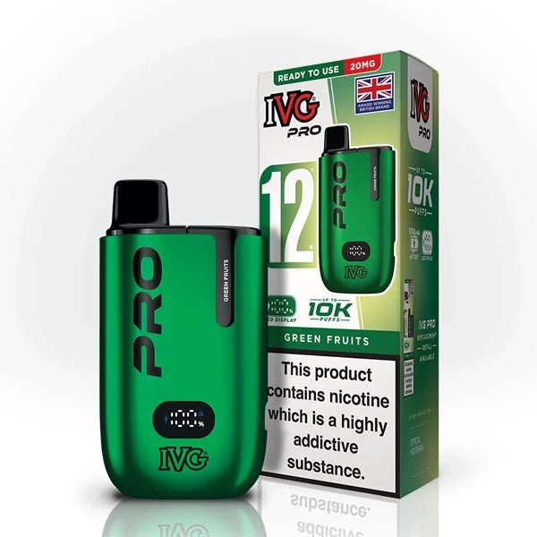 IVG Pro 12 vape kit green fruits device and packaging on a white background - uk vape sales