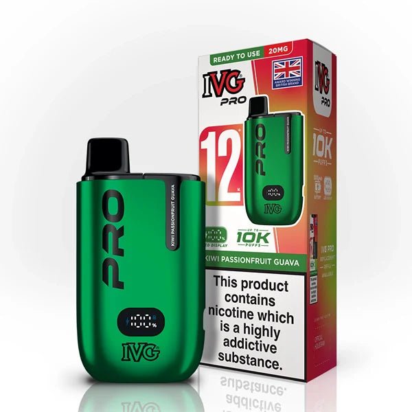 IVG Pro 12 vape kit kiwi passionfruit guava device and packaging on a white background - uk vape sales