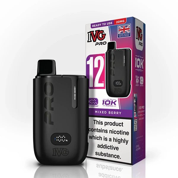 IVG Pro 12 vape kit mixed berry device and packaging on a white background - uk vape sales