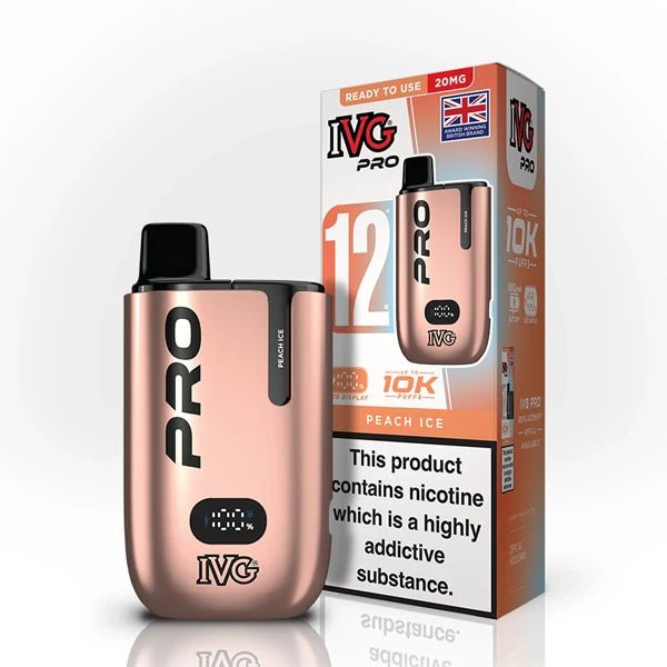IVG Pro 12 vape kit peach ice device and packaging on a white background - uk vape sales
