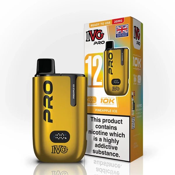 IVG Pro 12 vape kit pineapple ice device and packaging on a white background - uk vape sales