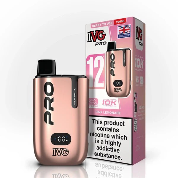 IVG Pro 12 vape kit pink lemonade device and packaging on a white background - uk vape sales
