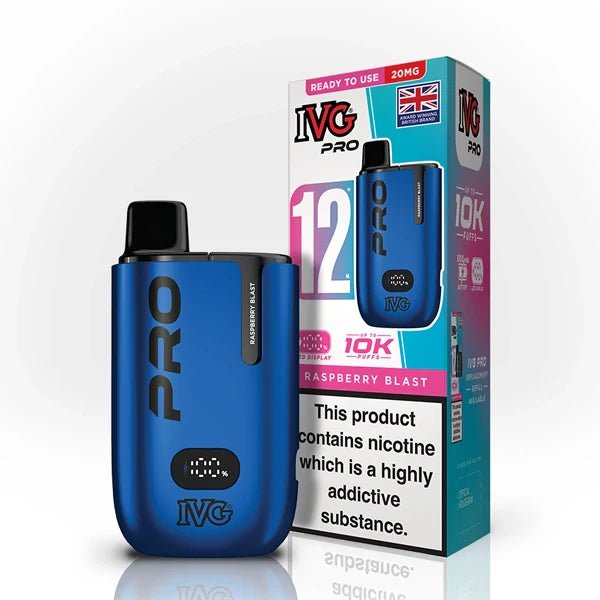 IVG Pro 12 vape kit raspberry blast device and packaging on a white background - uk vape sales