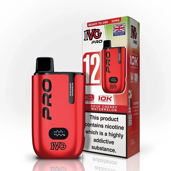 IVG Pro 12 vape kit sour cherry watermelon device and packaging on a white background - uk vape sales