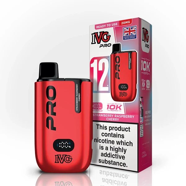 IVG Pro 12 vape kit strawberry raspberry cherry device and packaging on a white background - uk vape sales