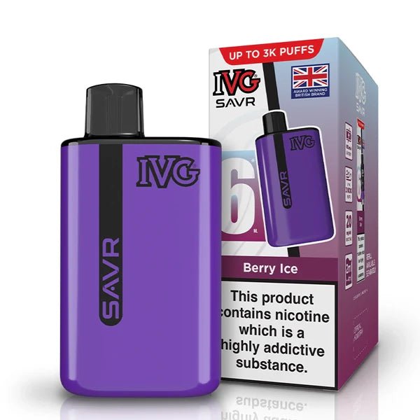 IVG SAVR vape kit berry ice device and packaging on a white background - uk vape sales
