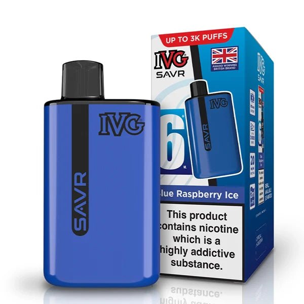 IVG SAVR vape kit blue raspberry ice device and packaging on a white background - uk vape sales