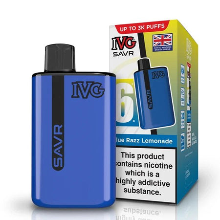 IVG SAVR vape kit blue razz lemonade device and packaging on a white background - uk vape sales