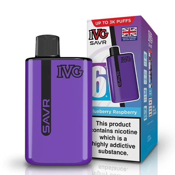 IVG SAVR vape kit blueberry raspberry device and packaging on a white background - uk vape sales