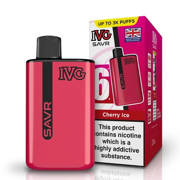 IVG SAVR vape kit cherry ice device and packaging on a white background - uk vape sales