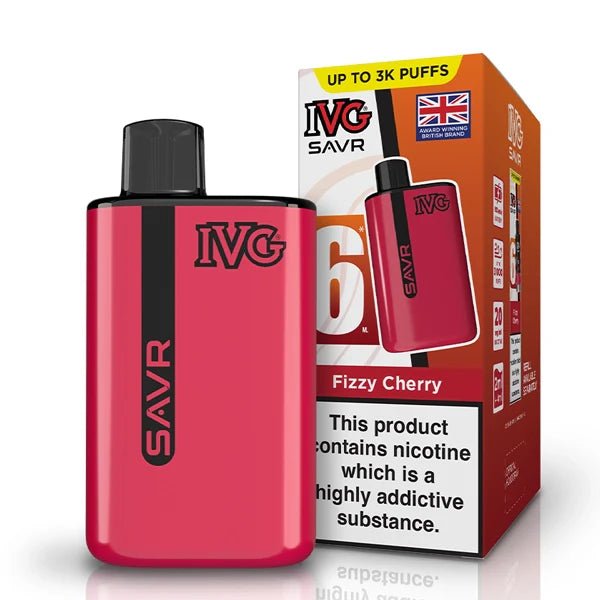 IVG SAVR vape kit fizzy cherry device and packaging on a white background - uk vape sales